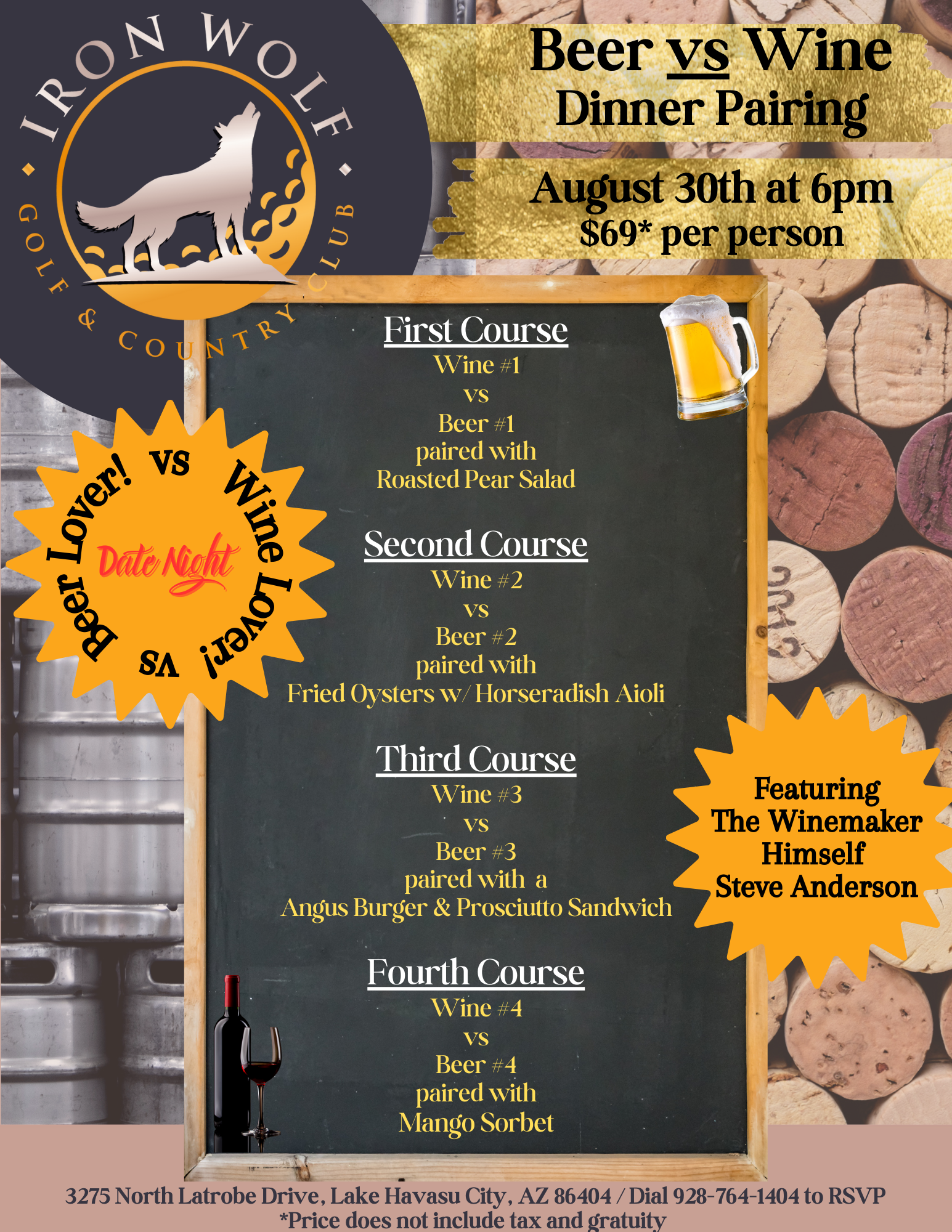 Beer vs. Wine Dinner at the Iron Wolf Golf and Country Club